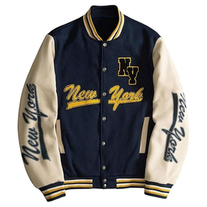 Custom Logo Embroidery Varsity Jacket Men Navy Blue Fleece Jacket Contrast Cream Sleeves Streetwear Fashion Bomber Coat - Product Image 1