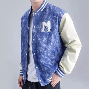 Chaqueta Varsity Azul para Hombre, Corte Regular, Letra M Bordada, Cuello Camisero, Cierre de Botones, Algodón y Poliéster, Ropa Casual de Otoño - Product Image 1