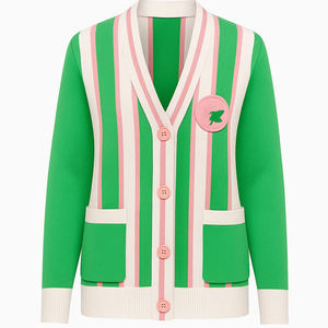 Cardigan vintage vert et rose uni pour femme avec imprimé au dos, col en V, fermeture boutonnée, manches longues, hiver - Product Image 4