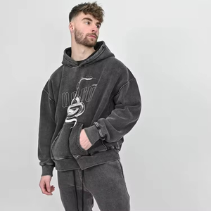 2206 Latest <b>Design</b> Factory Price Pullover Hoodie Wholesale Washed Grey Distressed Print Custom OEM Embroidered Logo 100% Cotton - Product Image 3