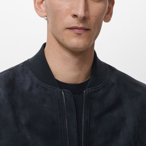 Men's Navy <b>Suede</b> Bomber <b>Jacket</b> Stand Collar Zipper Closure Casual Regular Fit Autumn Wear - Product Image 5