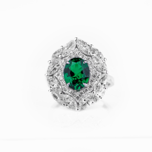 Women's 18K <b>Gold</b> Emerald Cut Green Gemstone <b>Cocktail</b> <b>Ring</b> Flower Design Pave Diamond Halo Luxury Engagement Jewelry - Product Image 5