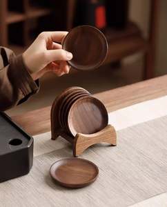 Solid Walnut Wood Coasters Natural Wooden Tea Mats Square Cup Pads with Holder Minimalist <b>Table</b> <b>Protection</b> Wood Anniversary Gift - Product Image 6