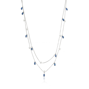 Collar de cadena de doble capa con dijes de zafiro azul y diamantes para mujer, diseño más hermoso, joyería de boda, oro blanco de 14 quilates - Product Image 1