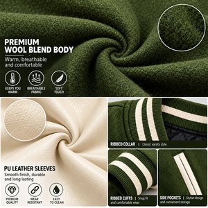 Meilleure veste universitaire unie verte à boutons-pression, style sportif, pour l'automne, nouvelle collection du fabricant - Product Image 4