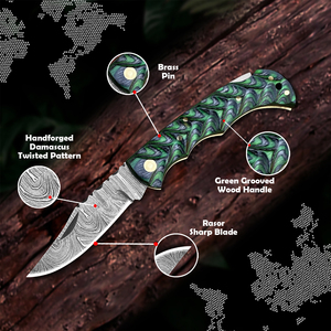 Couteau pliant en acier Damas Nordic Forge, verrouillage arrière, manche en bois Pakka, étui, couteau de poche EDC pour le camping et la chasse - Product Image 2