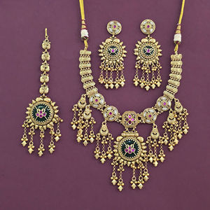 Mayoristas de Joyería Artesanal en India, Conjunto de Collar de Estilo Antiguo con Baño de Oro Mate 231434 - Product Image 1
