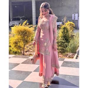 Conjunto de Fiesta para Mujer ZSR en Satén Rosa, Top-Plazzo y Dupatta con Bordado Intenso, Talla M - Product Image 4