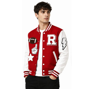 Red White Letterman <b>Jacket</b> With Applique R Football <b>Star</b> Lightning Design Full Sleeve Button Front Adult Casual Autumn Wear - Product Image 4