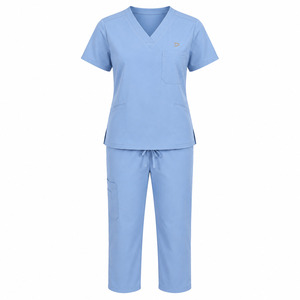Women Light Blue V-Neck <b>Scrub</b> <b>Set</b> With Pockets Hospital Uniforms Woven Polyester Cotton Pants and Top - Product Image 1