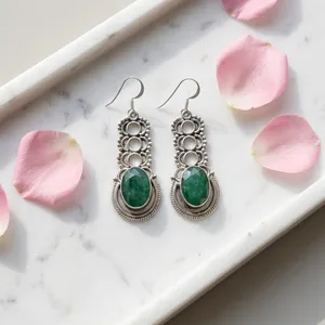 Boucles d'oreilles pendantes en argent sterling 925 avec quartz vert, pierre précieuse ovale, filigrane vintage, style bohème, bijoux ethniques faits à la main pour femmes - Product Image 3