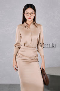 New Style <b>Satin</b> Long Regular Turn-down Collar Full Solid Vietnam Women Silk <b>Blouse</b> and Ruched Silk Skirt Two-Piece Set KS31 - Product Image 2