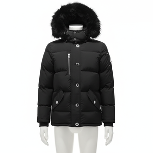 Blouson matelassé pour homme noir enduit, respirant, imperméable, rembourré en polyester, avec capuche, col montant, fermeture frontale unie, coupe-vent, hiver, décontracté - Product Image 1