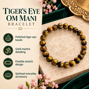 Bracelet en pierre naturelle œil de tigre, perles en forme de boule, gravé Om Mani Padma, taille unique - Product Image 4