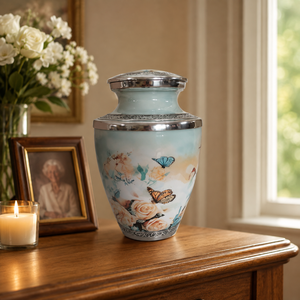 Floral Cremation Urn for Human Ashes | Butterfly <b>Memorial</b> <b>Keepsake</b> | Adult Funeral Burial Urn with Secure Lid | Elegant - Product Image 2