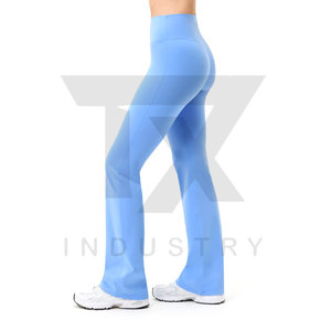 High Waisted <b>Flared</b> Leg Yoga <b>Leggings</b> Solid Color Seamless Full Length Women's Fitness Wear Blue Spandex Nylon Material - Product Image 4