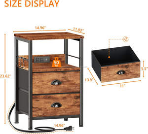 Table de Chevet Rustique en Bois Massif de Mangue, Lot de 2, avec Station de Recharge et 2 Tiroirs, Table d'Appoint Moderne Faite à la Main - Product Image 4