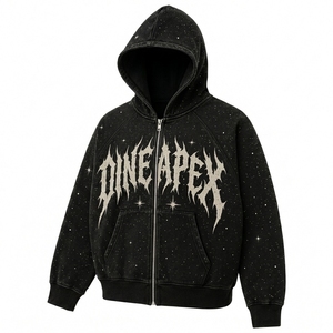 Sudadera con capucha negra para hombre, con cremallera, lavado ácido, estampado gráfico de estrellas, estilo oversize, ropa urbana, fabricante de ropa personalizada - Product Image 2