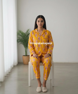 Conjunto de Pijama de Dos Piezas de Manga Larga para Mujer, Elegante, de Algodón Puro con Estampado Sanganeri en Amarillo Vibrante, de Secado Rápido y Transpirable - Product Image 6