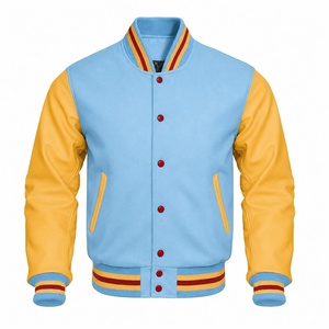 Blouson universitaire orange pour homme avec manches jaunes, fermeture boutonnée, color block, décontracté, pour l'automne, coupe classique, col montant, respirant, style preppy - Product Image 2