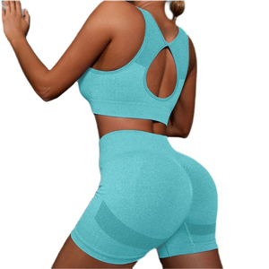 Ensemble de sport 2 pièces pour femme en nylon et élasthanne sans couture, soutien-gorge de sport et short de yoga, haute qualité, personnalisé, vente en gros - Product Image 5