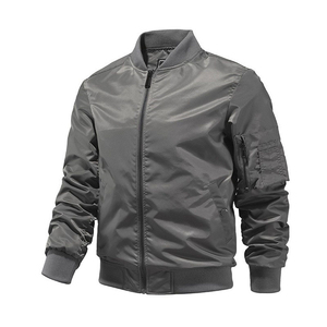 Chaqueta Bomber Gris para Hombre, Corte Ajustado, Cuello Alto, Cierre de Cremallera, Estilo Casual para Otoño, Largo Regular, Material de Poliéster - Product Image 1
