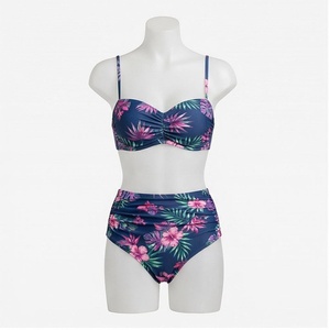 Ensemble bikini 2 pièces à imprimé floral pour femmes, haut push-up taille haute, bas froncé, maillot de bain extensible en spandex et polyester - Product Image 2