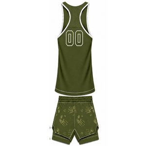 Olive Green <b>White</b> <b>Swim</b> Set Sleeveless Racerback Tank Top with Matching <b>Shorts</b> Lightweight Quick Dry Training Performance - Product Image 2