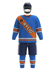 Pantalones de hockey sobre hielo en color verde azulado y azul marino, combinados con una chaqueta deportiva de hockey sobre hielo, además de una sudadera con capucha de hockey sobre hielo y un gorro de hockey de fieltro blanco. - Product Image 5