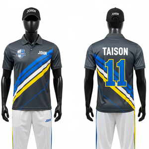 Maillot de cricket pour hommes 180 GSM en polyester respirant, design à panneaux latéraux violet et jaune, sublimation personnalisée, logo d'équipe, nom et numéro - Product Image 4