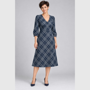 Vestido midi azul marino a cuadros con cuello en V y mangas tres cuartos para mujer - Product Image 1