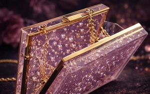 Handmade Orchid Resin Clutch | Elegant Evening <b>Bag</b> with Golden Chain - Product Image 2