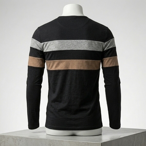 Mens Black Henley Shirt Long Sleeve Color Block T Shirts Fashion Striped Cut Sew Cotton Knit Casual Pullover Tee Shirts - Product Image 6