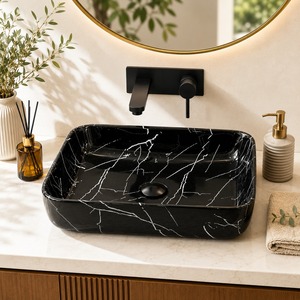 Lavabo Rectangular de Mármol Negro Estilo Tribal, Moderno y Duradero, de Cerámica, Fácil de Limpiar, Hecho en India - Product Image 3