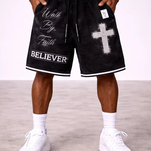 Servicio OEM al por mayor, pantalones cortos de algodón para hombre con diseño de Jesús personalizado, lavado ácido y pedrería, nueva llegada, etiqueta privada, pantalones cortos negros. - Product Image 1