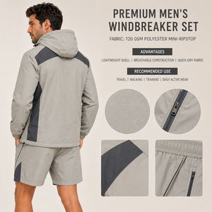 Ensemble veste coupe-vent à capuche et short pour homme, léger, séchage rapide, sportif, été, gris, polyester, OEM - Product Image 6