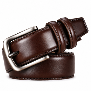 Cinturón Clásico de Cuero Genuino Marrón para Hombre, Diseñado con Material de Piel de Vacuno de Primera Calidad y Hebilla Rectangular Plateada Resistente - Product Image 1