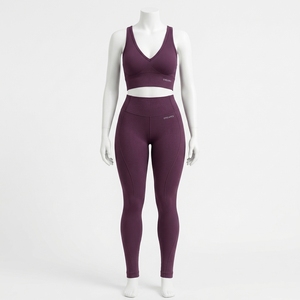 Womens Purple Ribbed Yoga Set Criss Cross Sports Bra High <b>Waist</b> Full Length <b>Leggings</b> Fitness Gym Workout Activewear - Product Image 1