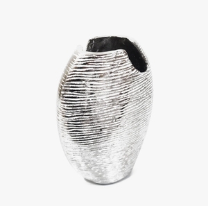 Handmade Textured Silver Metal Oval <b>Vase</b> Modern Decorative Vessel <b>Unique</b> Offset Opening Living Room Centerpiece Accent - Product Image 1