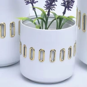 Macetas Metálicas de Primera Calidad en Color Blanco con Elegante Diseño de Anillo Dorado, Ideales para Decoración de Jardín, Mesa y Hotel - Product Image 1