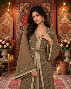 Mishkat Couture Elegant Timeless Plum <b>Velvet</b> Moroccan Caftan Intricate Hand Embroidery V Neck <b>Long</b> <b>Sleeve</b> Breathable <b>Maxi</b> <b>Dress</b> - Product Image 1