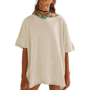 Women's O-Neck Loose Fit Short Sleeve Solid Color Knitted Casual <b>T</b>-<b>Shirt</b> Spring Summer Breathable Oversized Style - Product Image 1