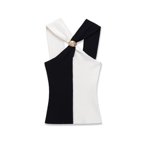 Camisetas sin mangas de punto transpirables con cuello halter y bloques de color, estilo vintage sin espalda, elegantes y a la moda para mujer 2025 - Product Image 3
