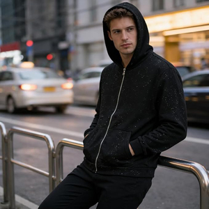 Sweat à capuche zippé intégral pour homme, orné de strass, en molleton bouclette 500 GSM, coupe oversize à épaules tombantes, style streetwear vintage, vente en gros - Product Image 3