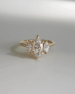 Marquise Cut Diamond Cluster <b>Ring</b> in Yellow Gold Three Stone Engagement <b>Ring</b> Vintage Inspired Bridal <b>Ring</b> <b>Fine</b> Diamond Jewelry - Product Image 1