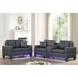 Genesis Tufted Loveseat and Sofa Set <b>Black</b> PVC Fabric with LED Lights USB Charger Storage <b>Console</b> Cupholders-for Living Room - Product Image 1