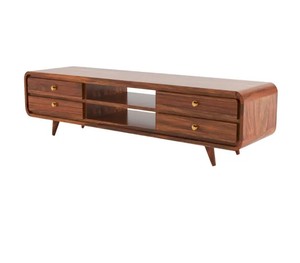 Meuble TV en bois massif à bords incurvés de style moderne du milieu du siècle |   Console multimédia arrondie avec 4 tiroirs |   Exportation de Jodhpur - Product Image 4
