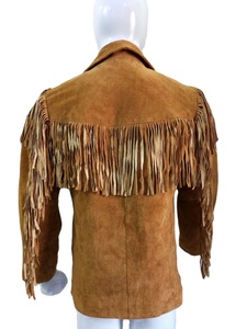 Veste en daim marron personnalisée pour homme, respirante, coupe-vent, fermeture à boutons-pression, col pointu, franges décoratives, style western cowboy - Product Image 2