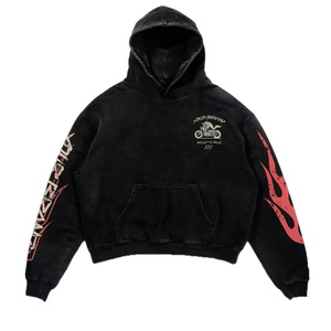 Sudadera con Capucha para Hombre, Estilo Motero, Negra, de Primera Calidad, Corte Holgado, con Bolsillos, Estampado de Llamas, de Algodón y Felpa, Estilo Otoñal - Product Image 1
