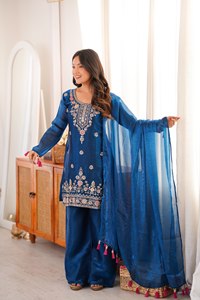 Conjunto de Salwar Kameez de Seda Azul Bordado, Traje Tradicional Étnico Indio/Pakistaní para Mujer, Ropa de Fiesta de Verano, Dupatta, Secado Rápido para Bodas - Product Image 2